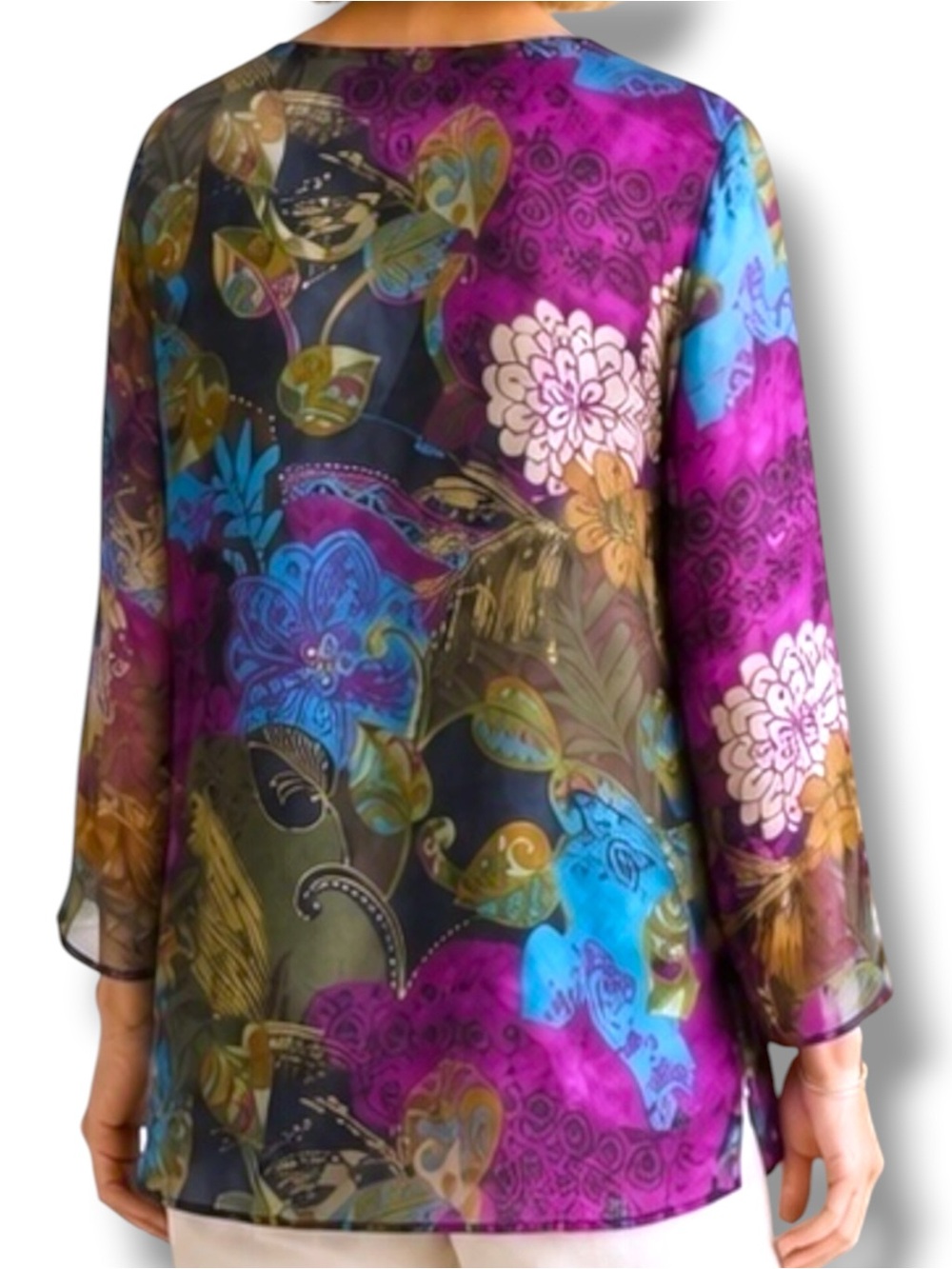 Chico’s 100% Silk Abstract Floral Tunic Top Semi Sheer Jewel Tone US 4 - Picture 7 of 15